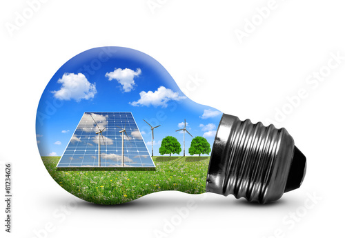 Solar panels and wind turbines in light bulb isolated .