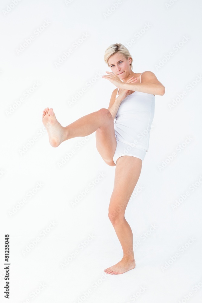 Scared woman protecting herself Scared woman protecting herself