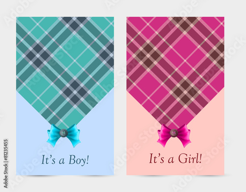 Invitation baby pink and blue cards with bow, tartan, button.