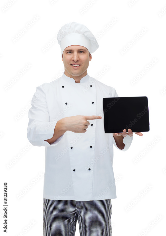 happy male chef cook showing with tablet pc happy male chef cook showing with tablet pc