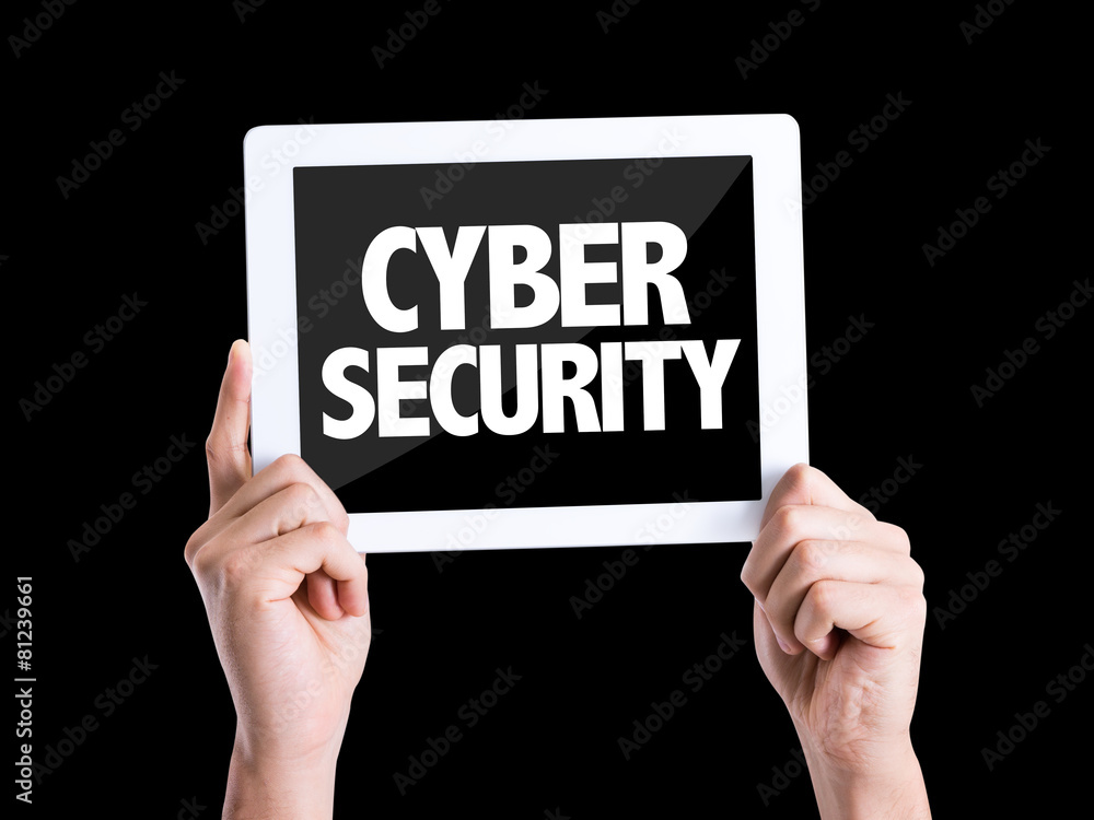 Tablet pc with text Cyber Security isolated on black background Tablet pc with text Cyber Security isolated on black background
