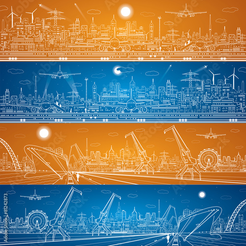 Industrial cargo port and airport panorama, transport image