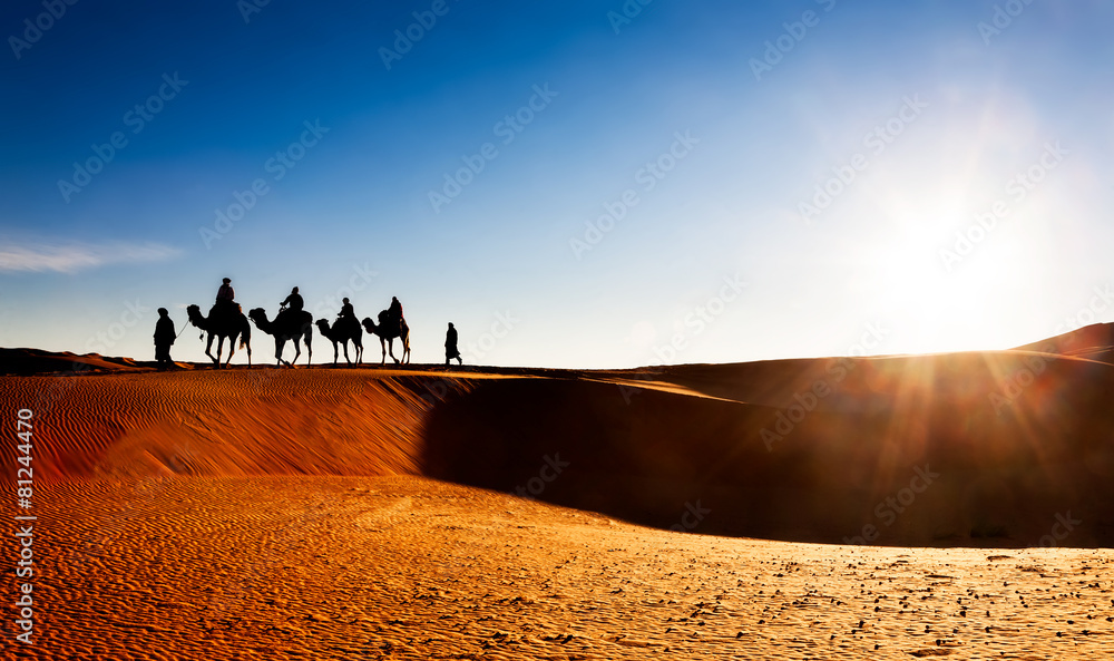 Camel caravan on sand dunes in the desert, Erg Chebbi, Morocco. - obrazy, fototapety, plakaty 