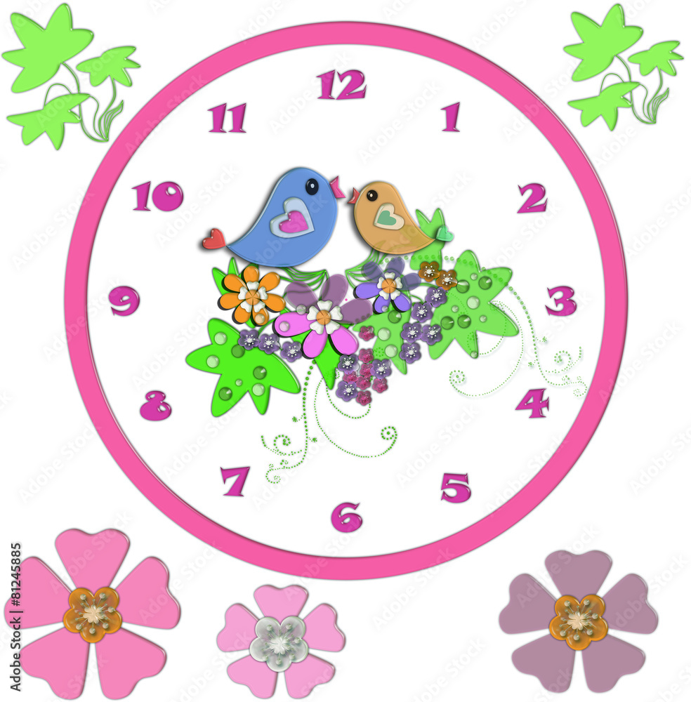 Funny cartoon clock for kids with birds