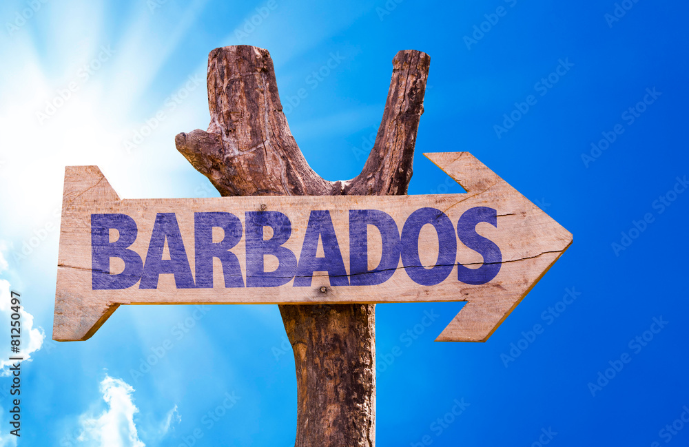 Barbados wooden sign with sky background
