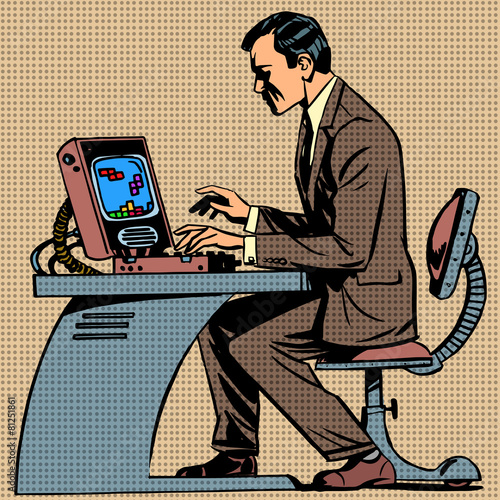 old man plays a computer game pop art comics ret