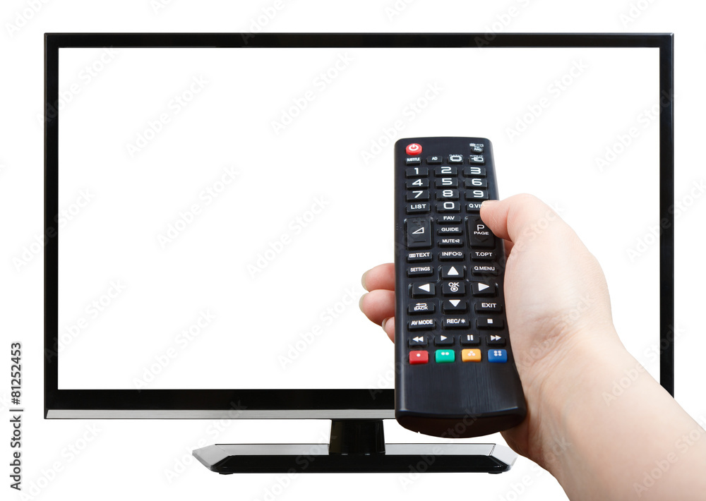 Hand with remote control pointing at modern TV set Hand with remote control pointing at modern TV set