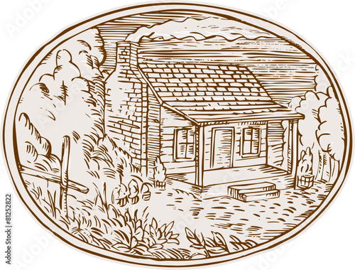 Log Cabin Farm House Oval Etching