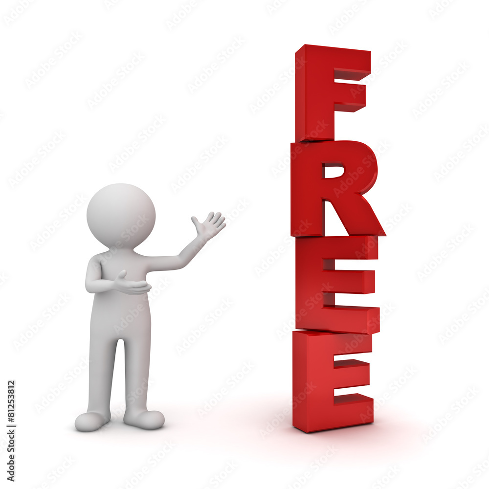 3d man standing and presenting red free word sign 3d man standing and presenting red free word sign