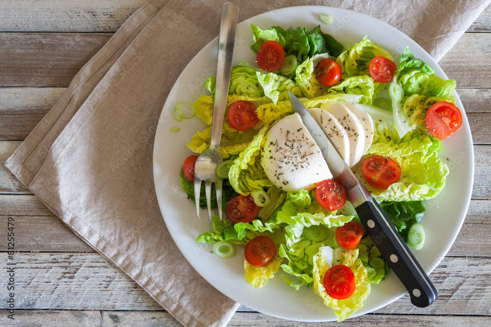 Fresh salad with mozarella cheese and cherry tomatoes, top view Fresh salad with mozarella cheese and cherry tomatoes, top view