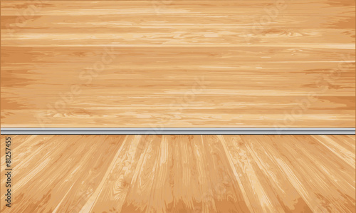 Wooden siding and floor with decorative white moldings