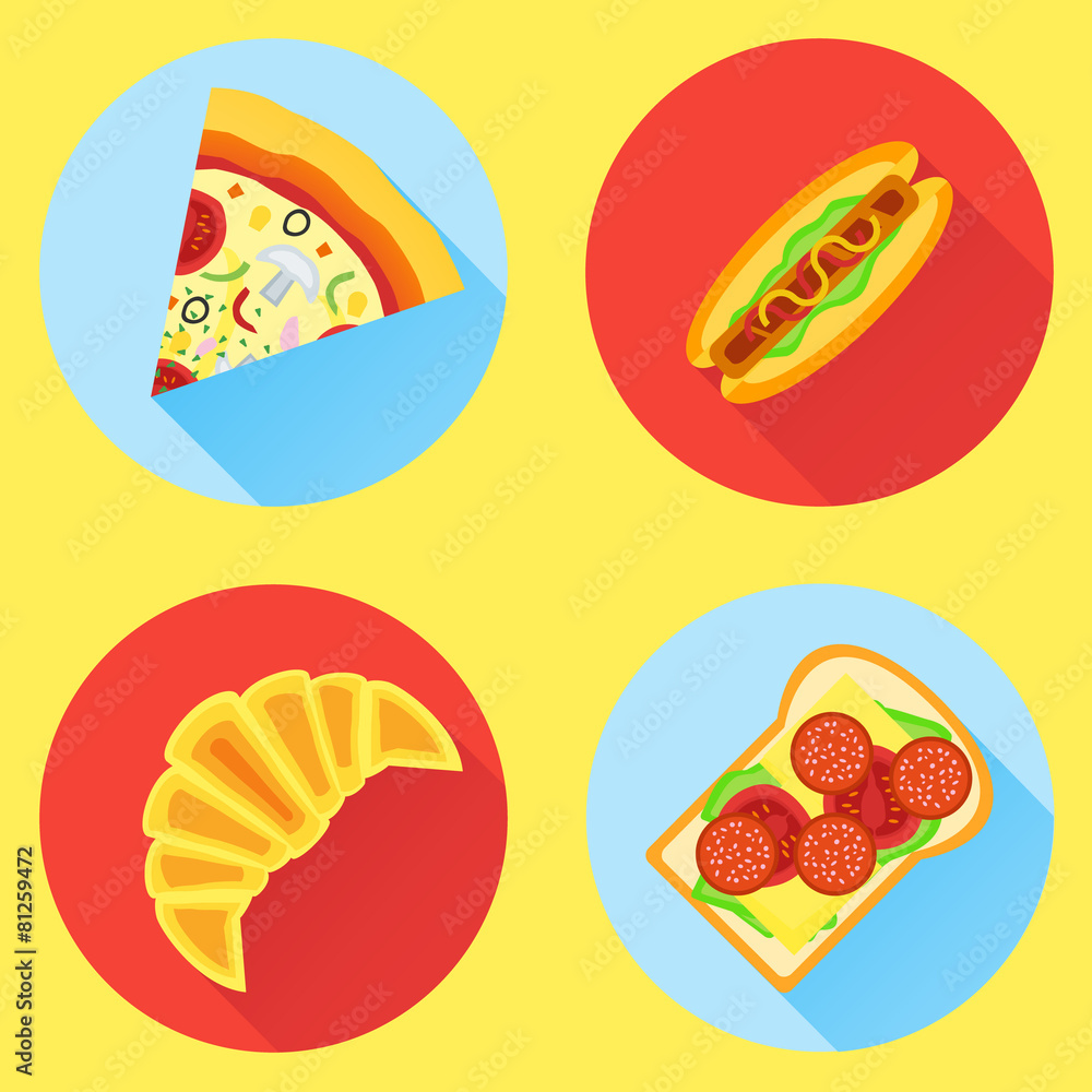 Set of fast food flat icons. Pizza, hot dog, croissant, sandwich