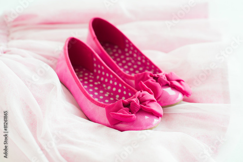 Little girl's pink ballerina shoes on tutu skirt