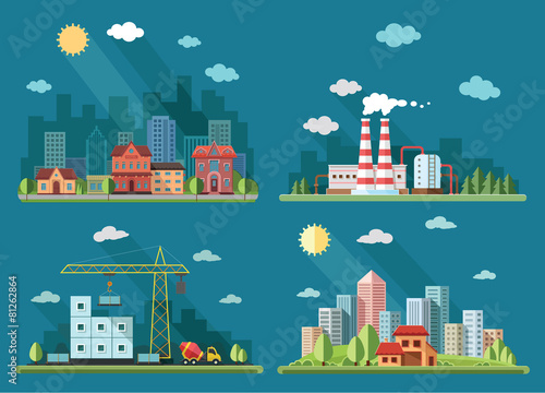 icons set. large city on the background of a country house, city