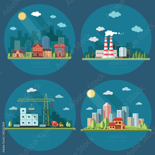 icons set. large city on the background of a country house, city