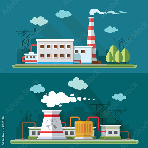 Industrial landscape set. The nuclear power plant and factory on