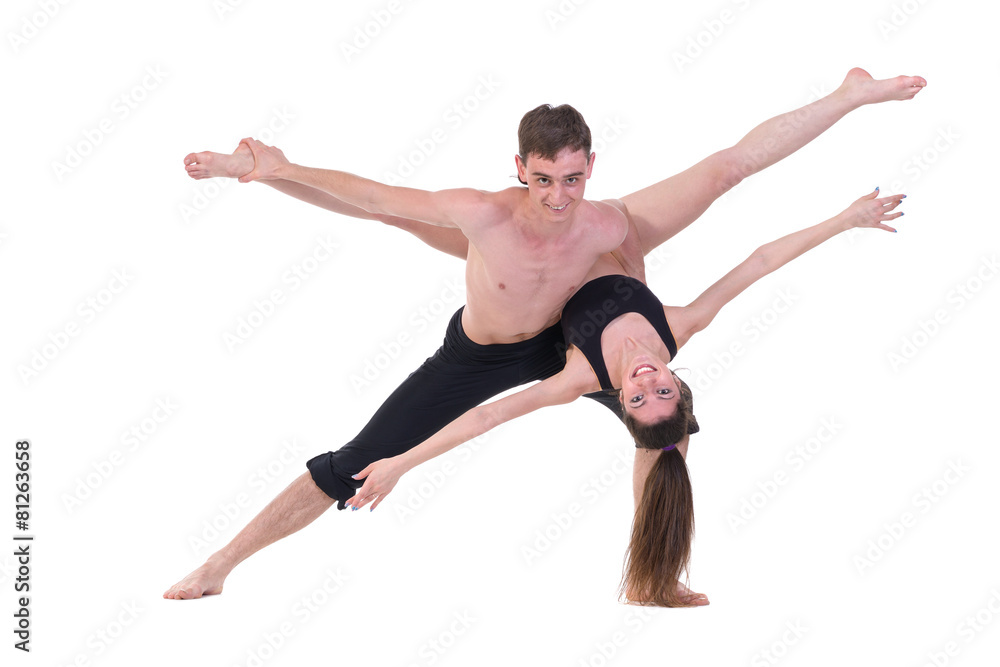 couple man and woman exercising fitness dancing on white