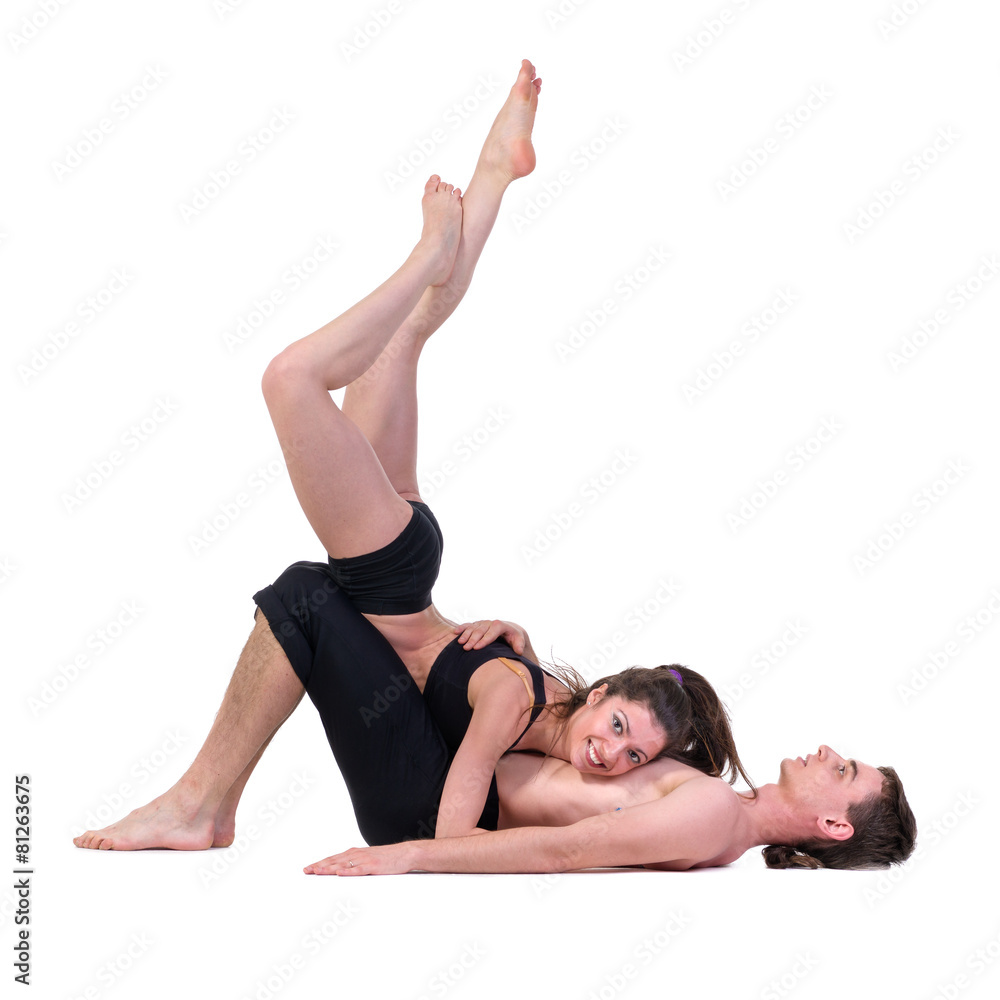 couple man and woman exercising fitness dancing on white couple man and woman exercising fitness dancing on white