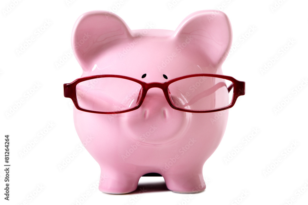 Pink piggy bank wearing glasses Pink piggy bank wearing glasses
