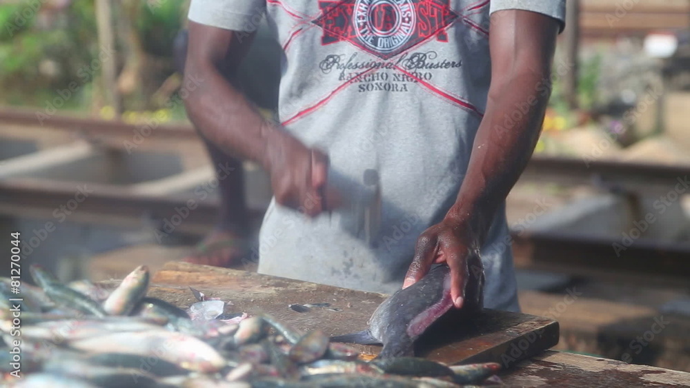 HIKKADUWA, SRI LANKA - FEBRUARY 2014: Man cutting and cleaning fish at Hikkaduwa market. Hikkaduwa Sunday market is known for its wide range of fresh produce. HIKKADUWA, SRI LANKA - FEBRUARY 2014: Man cutting and cleaning fish at Hikkaduwa market. Hikkaduwa Sunday market is known for its wide range of fresh produce.