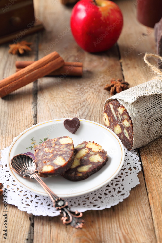 chocolate sausage with decorations chocolate sausage with decorations