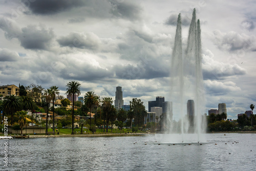 Fountain and view of the Los Angeles Skyline, at Echo Park Lake,