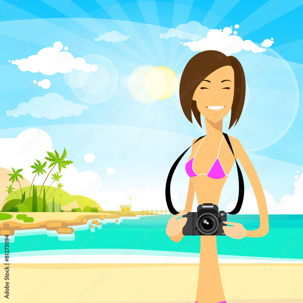 woman tourist with photo camera summer travel vacation sea ocea