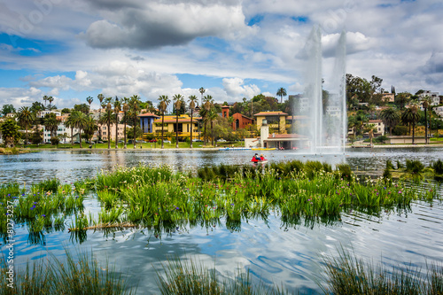 Grasses and a fountain in Echo Park Lake, in Los Angeles, Califo