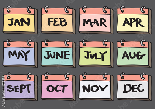 12-Month Calendar Cartoon Vector Icon Set