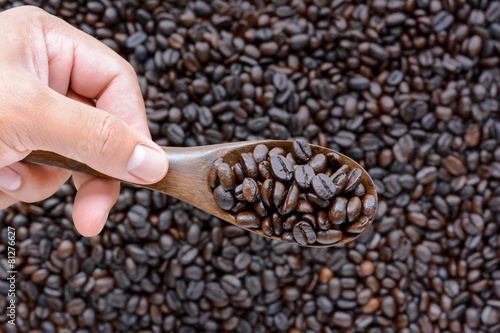 Hand holding spoonful of dark roasted coffee beans