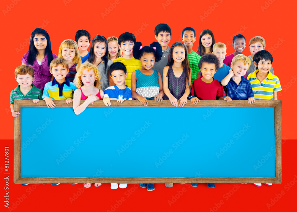 Multi-Ethnic Group of Children Holding Billboard Concept Multi-Ethnic Group of Children Holding Billboard Concept