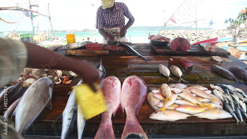 HIKKADUWA, SRI LANKA - MARCH 2014: Local man cutting fish at Hikkaduwa Sunday market, known for its wide range of fresh and varied produce.