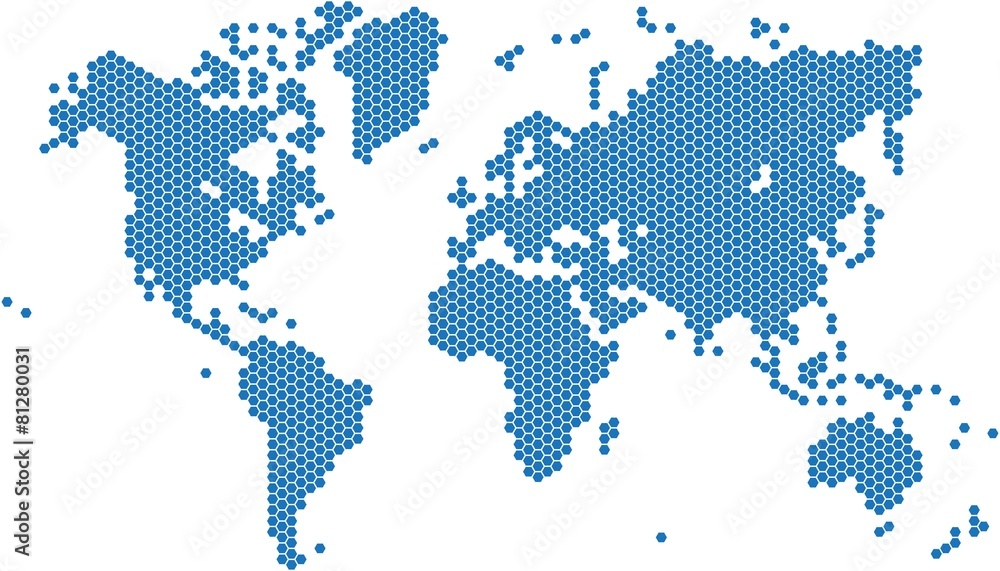 Fototapeta premium Hexagon shape world map on white background, vector image.