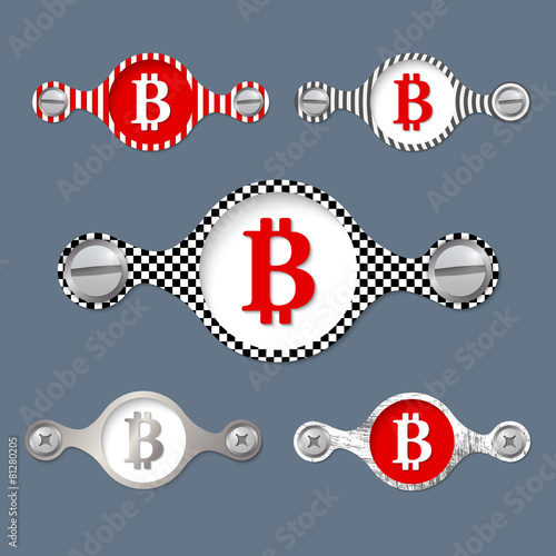 five abstract objects with pattern and bit coin icon