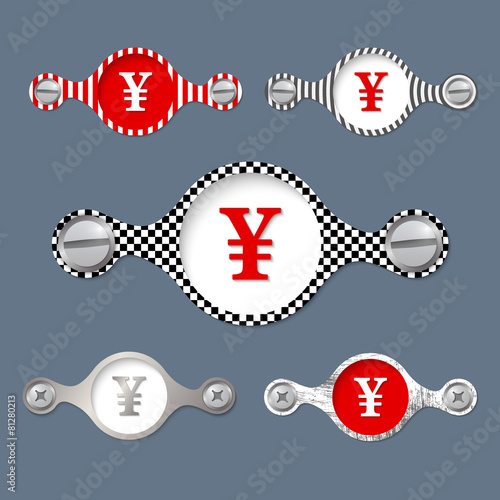 five abstract objects with pattern and yen icon