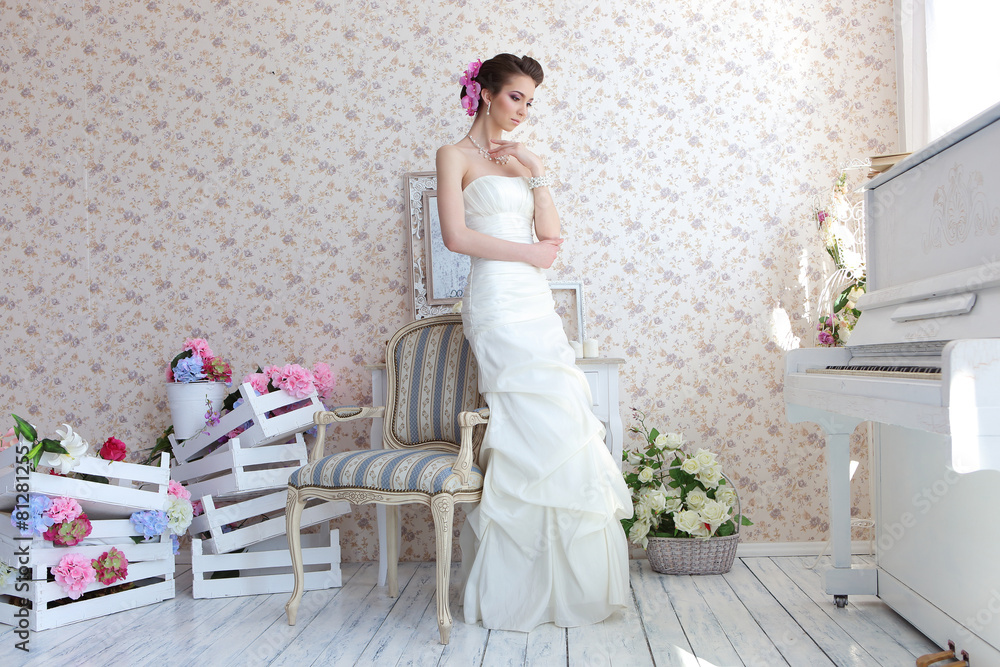 Portrait of beautiful bride. Wedding dress. Wedding decoration Portrait of beautiful bride. Wedding dress. Wedding decoration