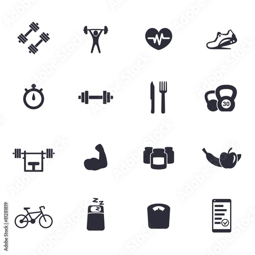 16 fitness, gym, sport, workout, healthy living flat icons