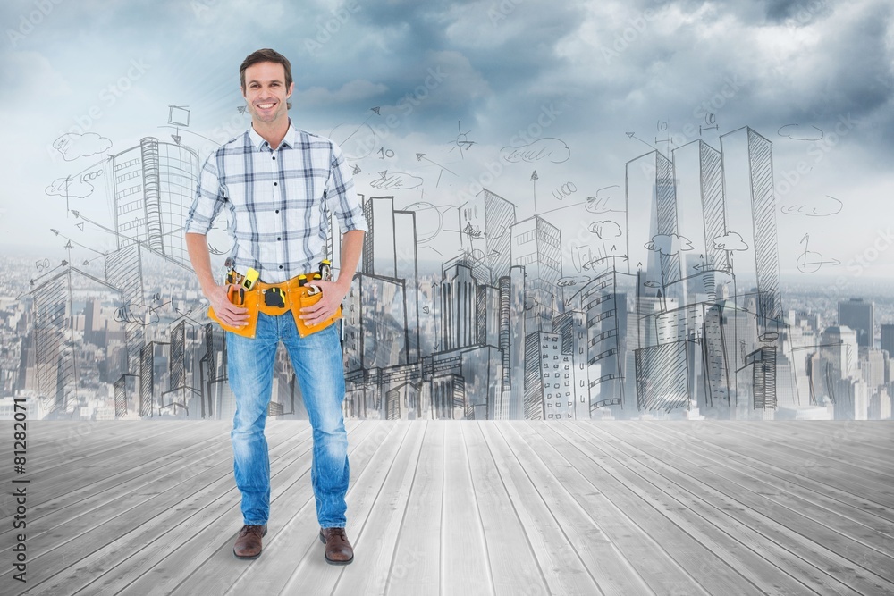 Composite image of repairman with tool belt around waist Composite image of repairman with tool belt around waist