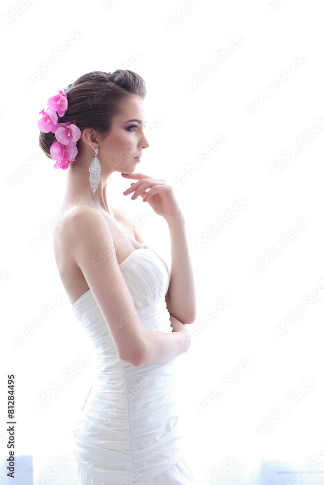 Portrait of beautiful bride. Wedding dress. Wedding decoration Portrait of beautiful bride. Wedding dress. Wedding decoration