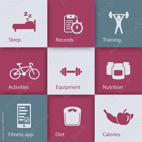 fitness, gym, health flat icons on squares with shadow