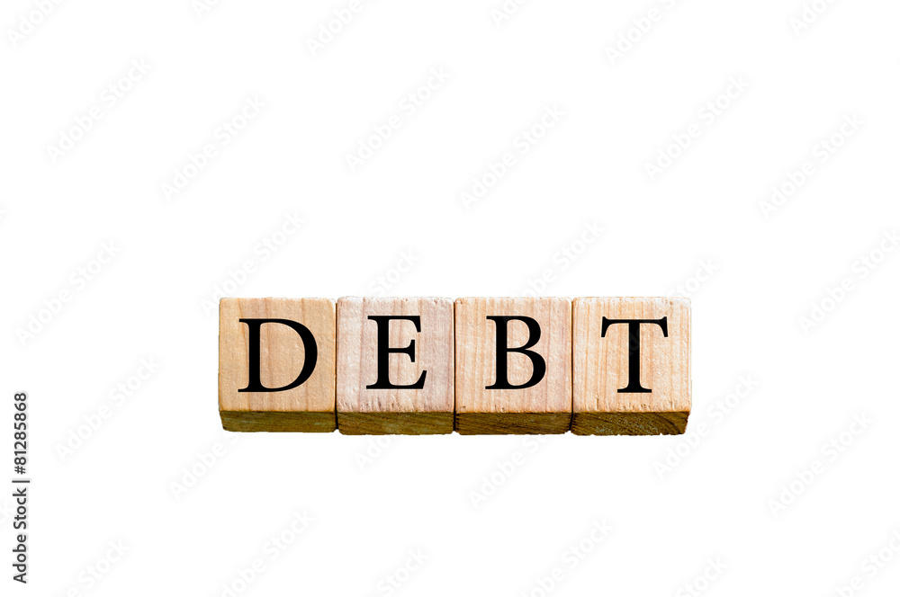 Word DEBT isolated on white background with copy space Word DEBT isolated on white background with copy space