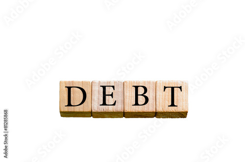 Word DEBT isolated on white background with copy space
