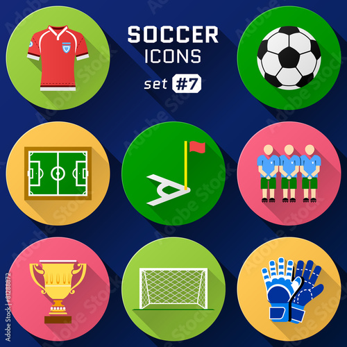Color flat icon set of soccer elements. Pack of football symbols