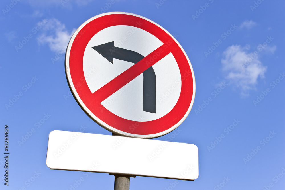 No left turn traffic sign over blue sky No left turn traffic sign over blue sky
