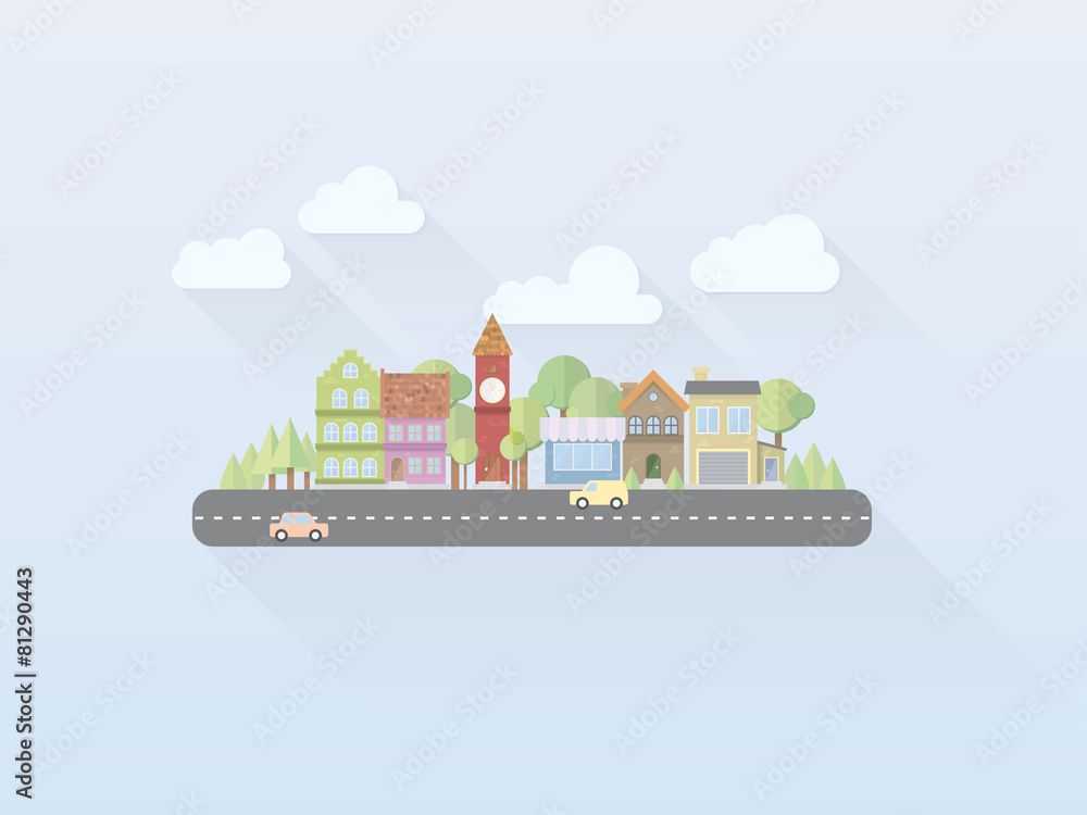 Flat Design Small Town Vector Illustration