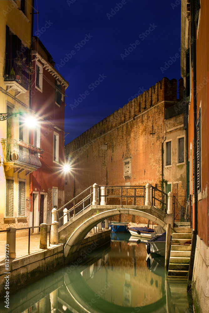 Night street and channel in Venice