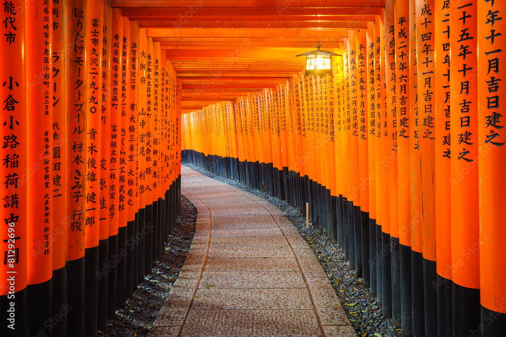 Torii gates in Fushimi Inari Shrine, Kyoto, Japan - obrazy, fototapety, plakaty 