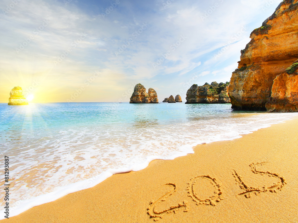 Naklejka premium 2015 year on the rocky beach. Element of design.