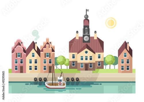 Summer. Urban landscape in flat design style.