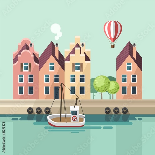 City/town, embankment - urban landscape in flat design style.